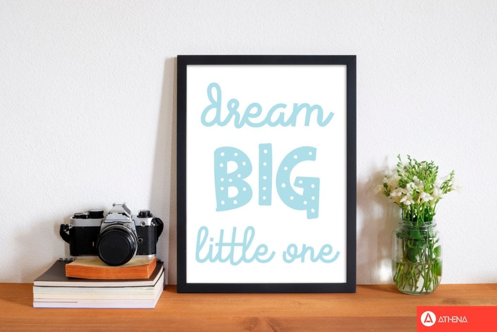 Dream big little one blue modern fine art print, framed childrens nursey wall art poster