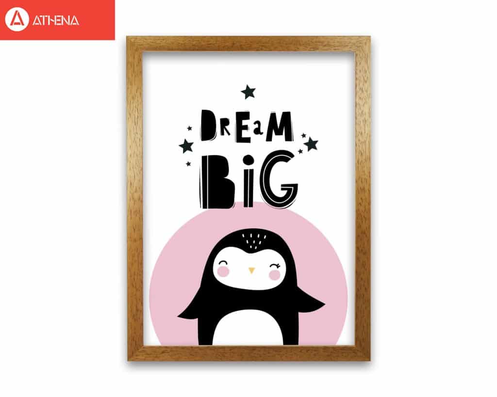 Dream big penguin modern fine art print, framed childrens nursey wall art poster