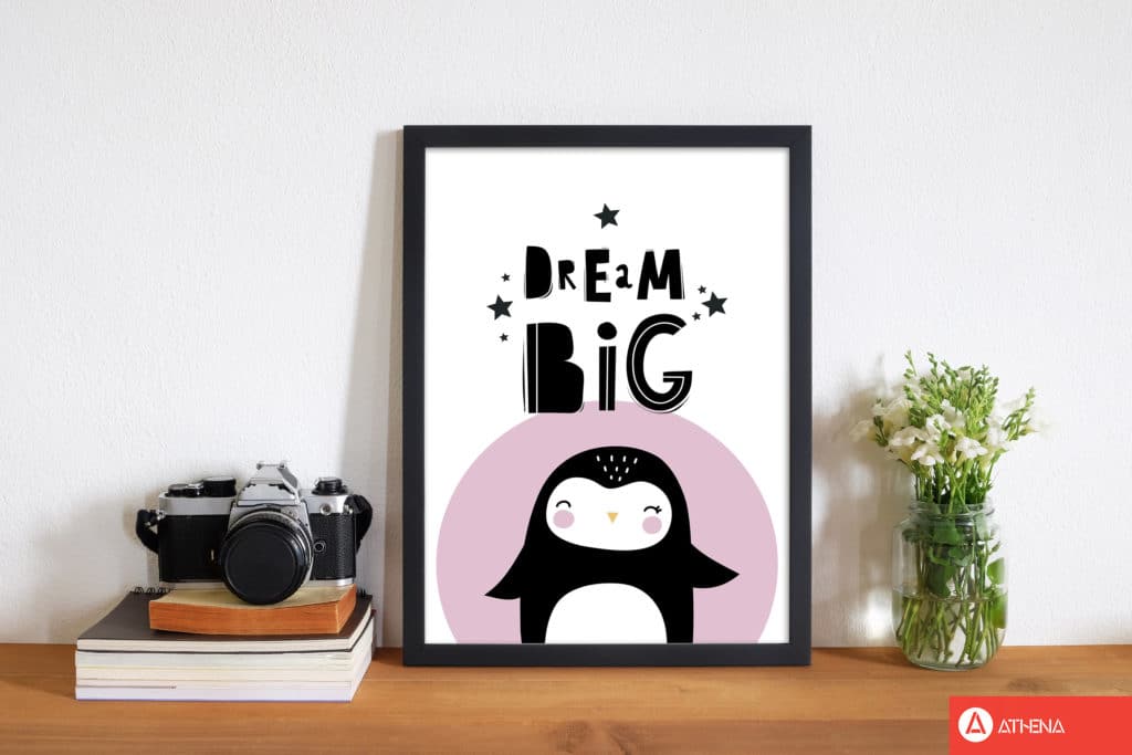 Dream big penguin modern fine art print, framed childrens nursey wall art poster