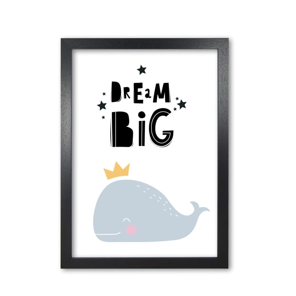 Dream big whale modern fine art print, framed childrens nursey wall art poster