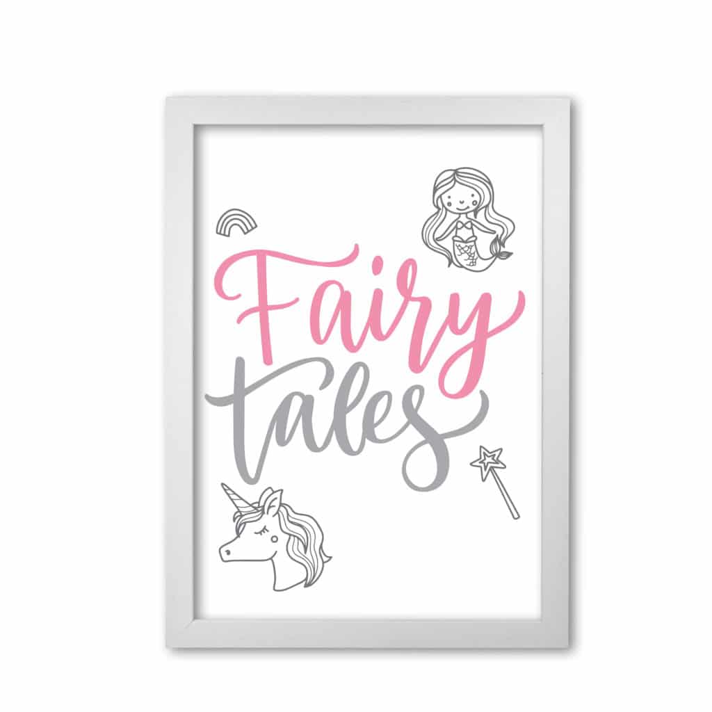 Fairy tales pink and grey modern fine art print, framed childrens nursey wall art poster
