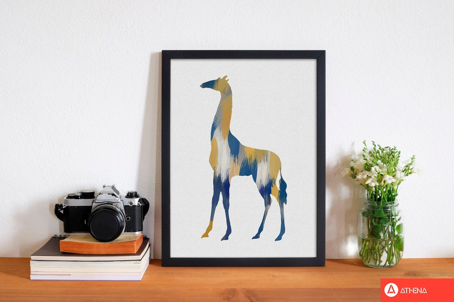 Giraffe blue & yellow fine art print by orara studio