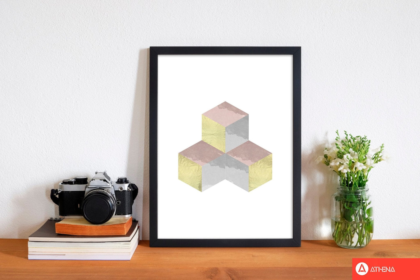 Gold, pink and grey abstract cubes modern fine art print