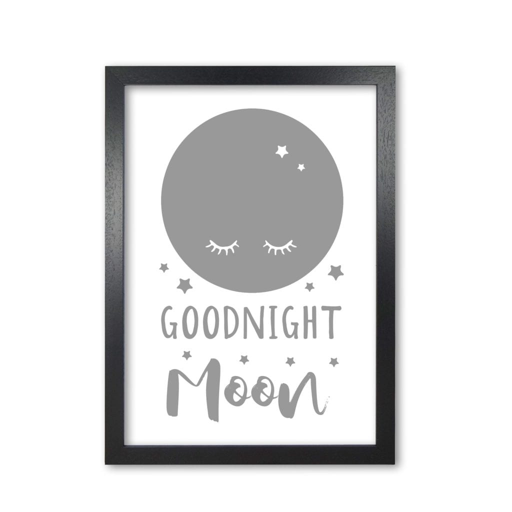 Goodnight moon grey modern fine art print, framed childrens nursey wall art poster