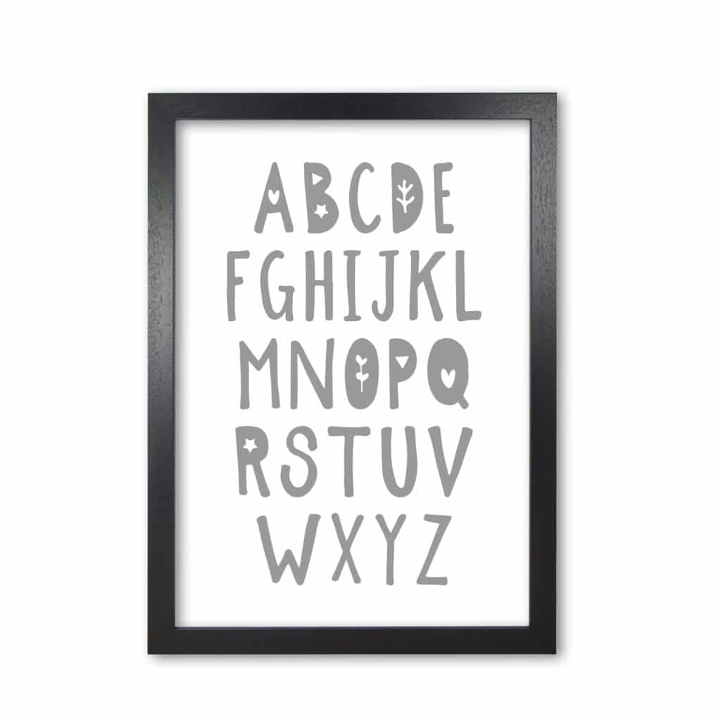 Grey alphabet modern fine art print, framed childrens nursey wall art poster