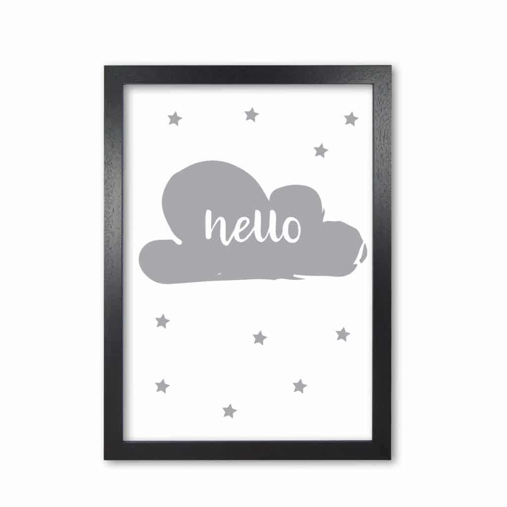 Hello cloud grey modern fine art print, framed childrens nursey wall art poster