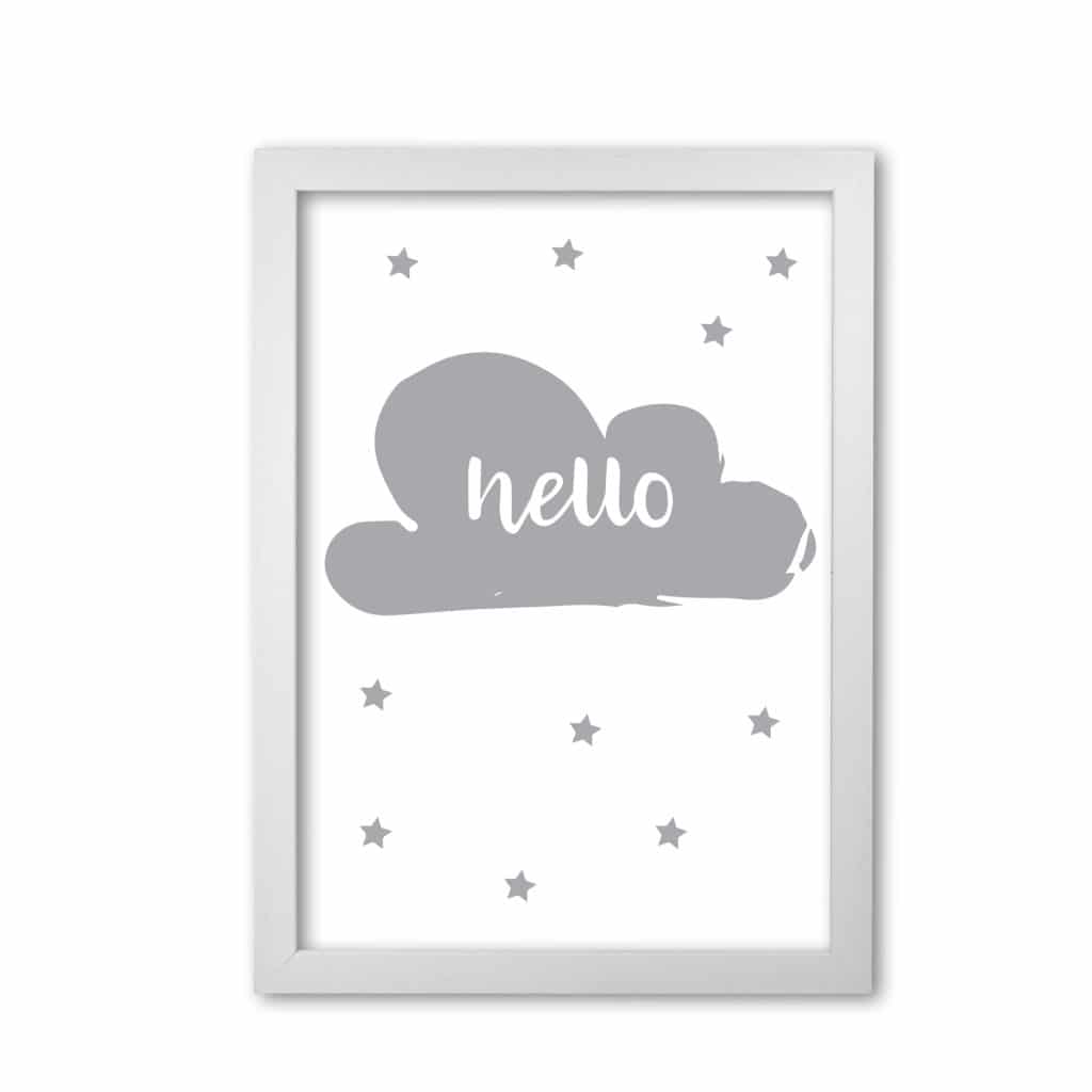 Hello cloud grey modern fine art print, framed childrens nursey wall art poster