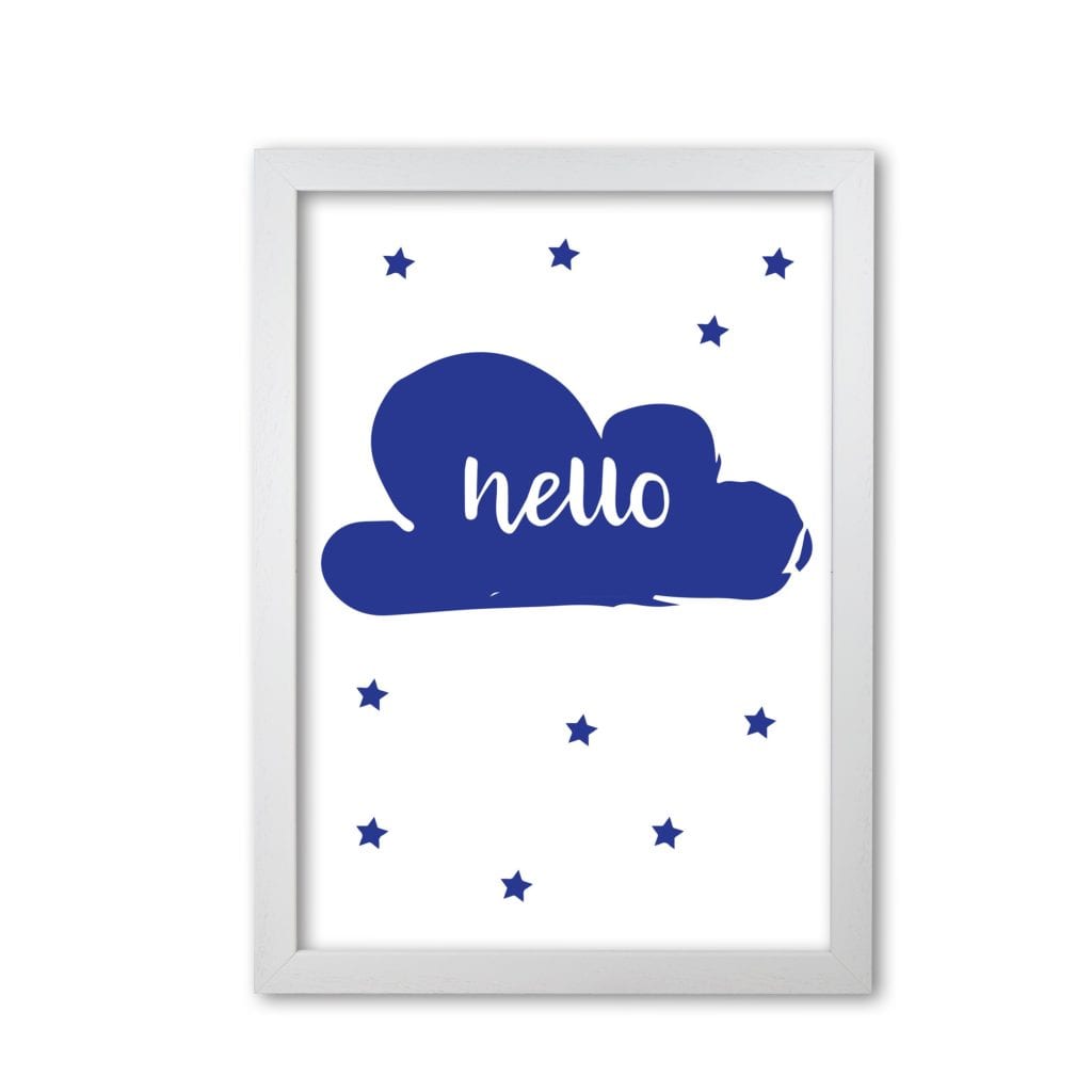 Hello cloud navy modern fine art print, framed childrens nursey wall art poster