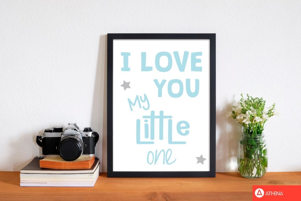 I love you little one blue modern fine art print, framed childrens nursey wall art poster