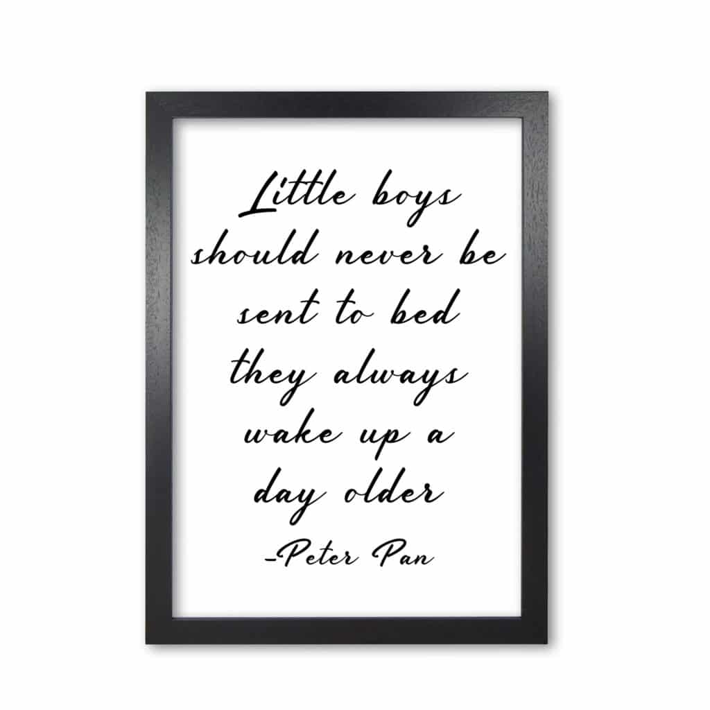 Little boys peter pan quote modern fine art print, framed childrens nursey wall art poster