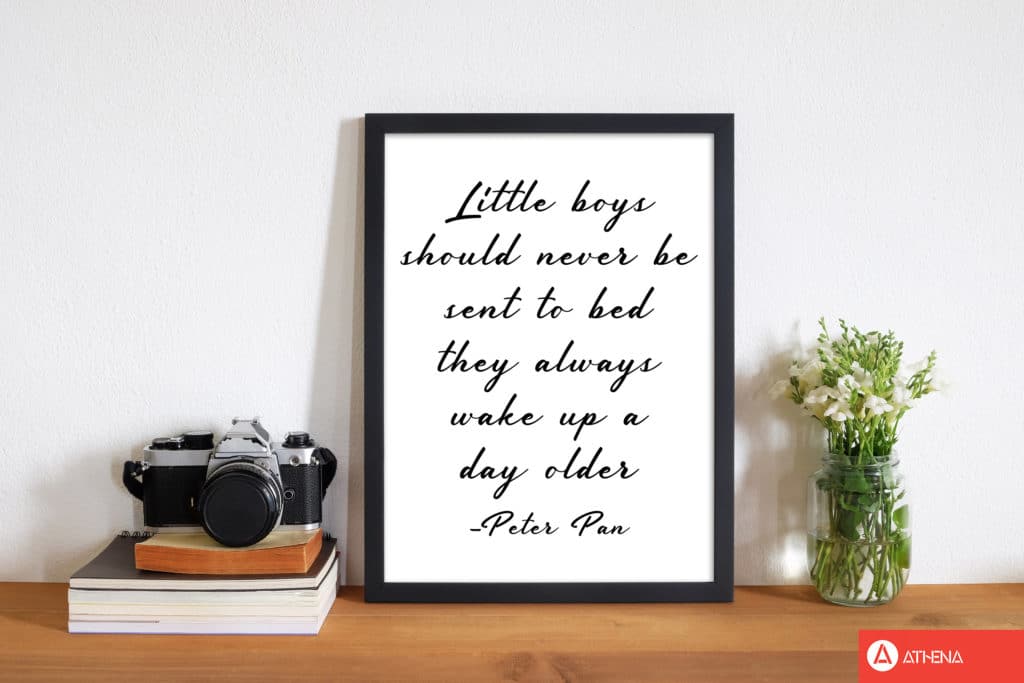 Little boys peter pan quote modern fine art print, framed childrens nursey wall art poster