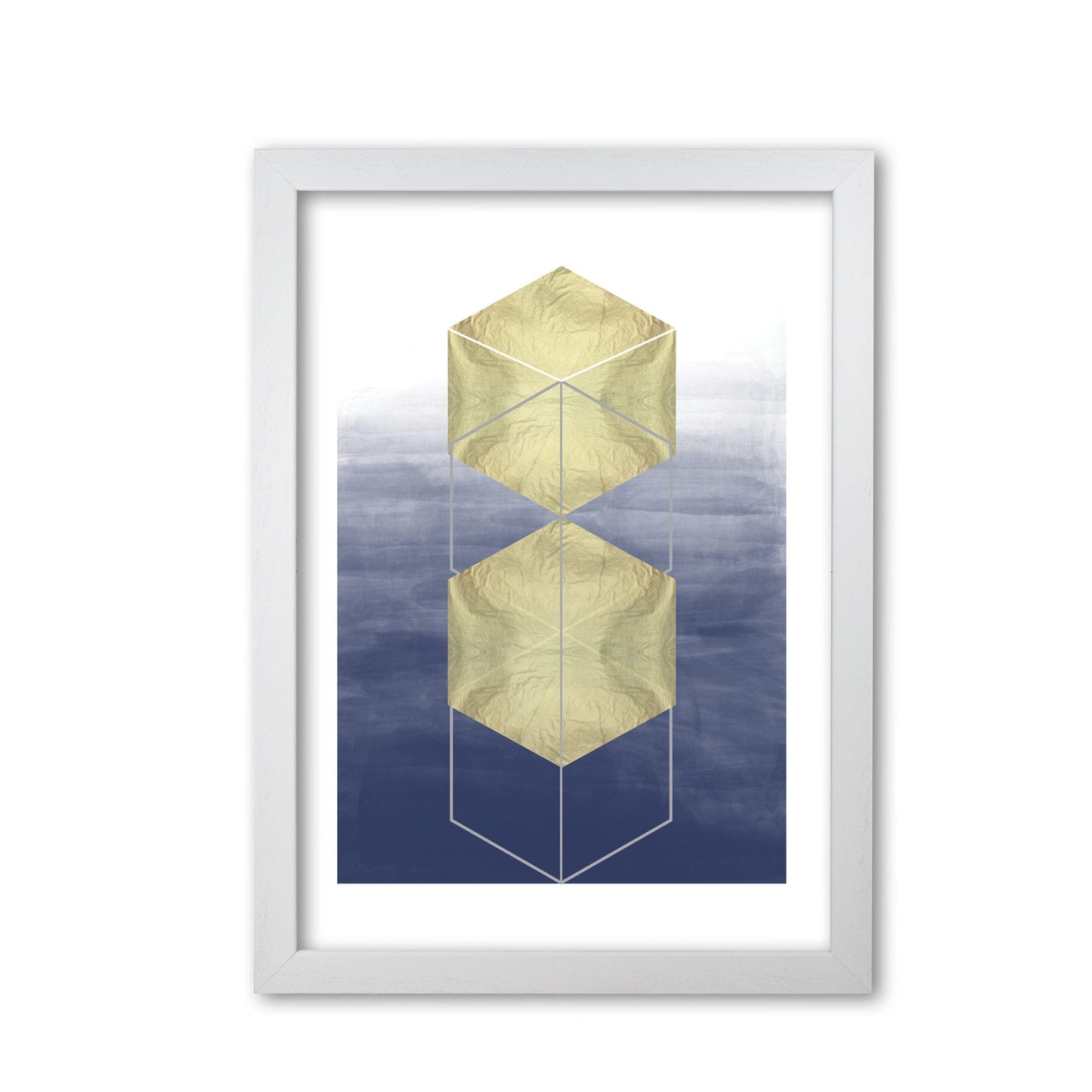 Navy and gold abstract hexagons modern fine art print