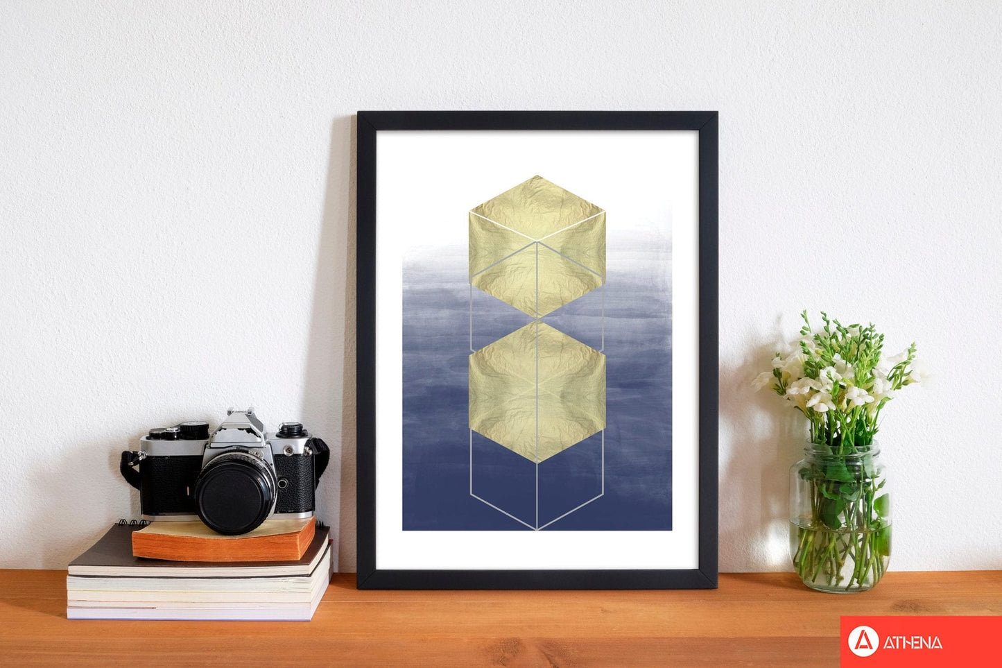 Navy and gold abstract hexagons modern fine art print