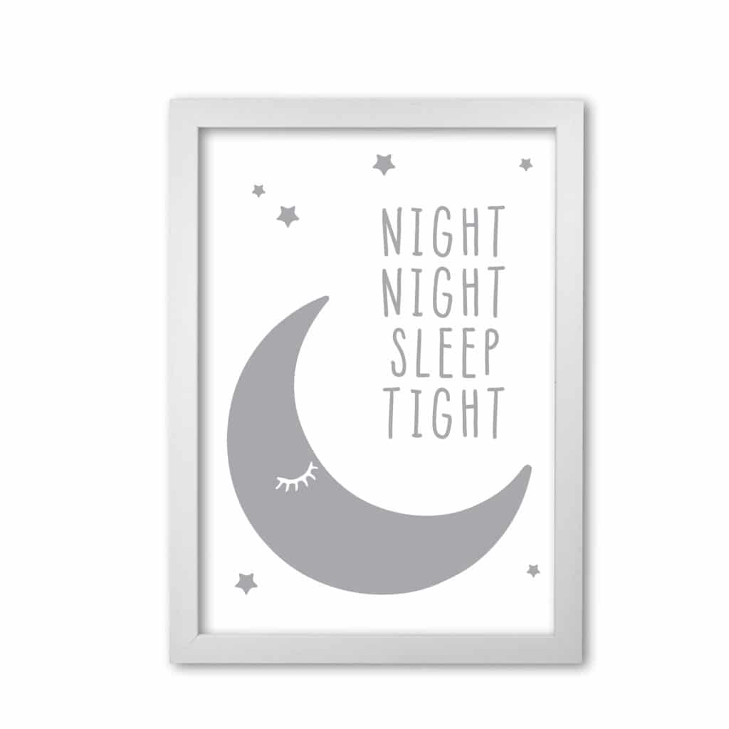 Night night moon grey modern fine art print, framed childrens nursey wall art poster