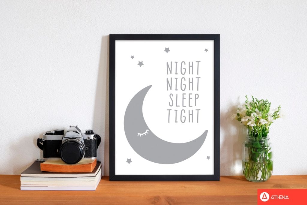 Night night moon grey modern fine art print, framed childrens nursey wall art poster
