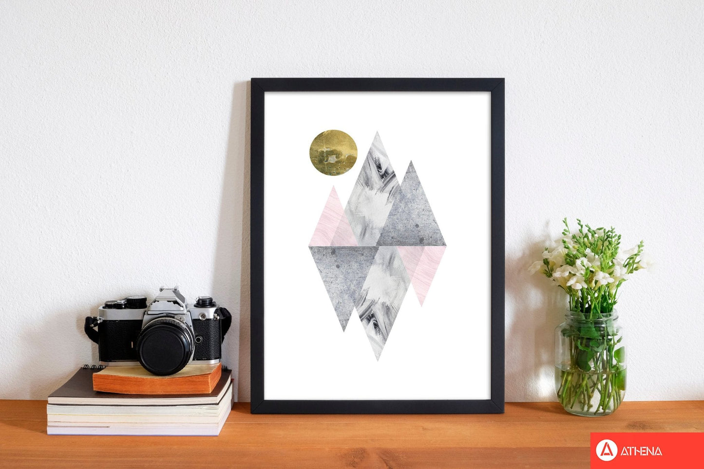 Pink and grey diamonds with gold moon abstract modern fine art print