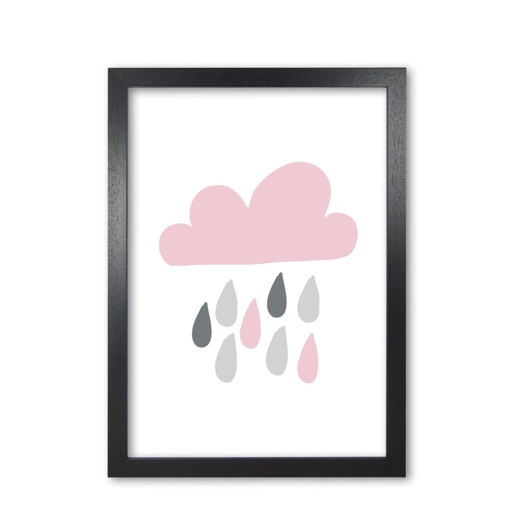 Pink and grey rain cloud modern fine art print, framed childrens nursey wall art poster