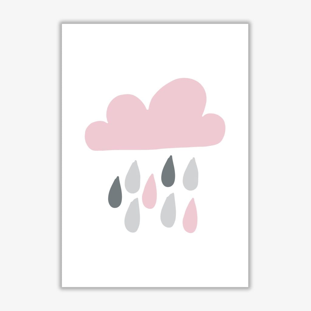 Pink and grey rain cloud modern fine art print, framed childrens nursey wall art poster