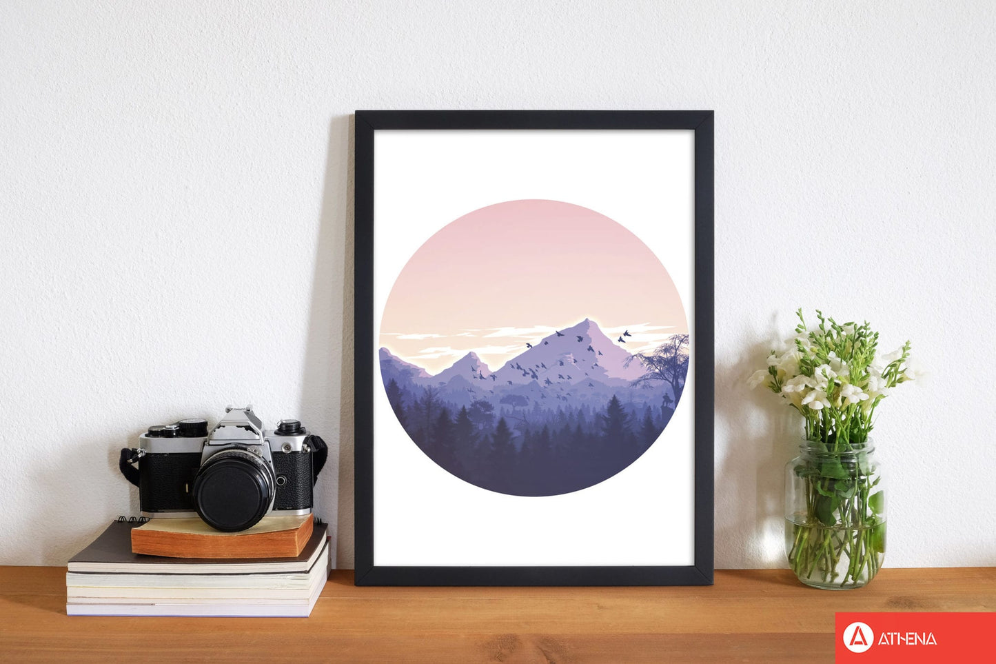 Pink mountains circle abstract modern fine art print
