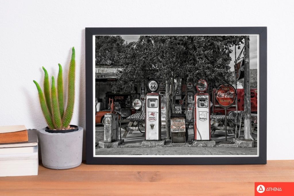 Retro black and red gas pumps modern fine art print