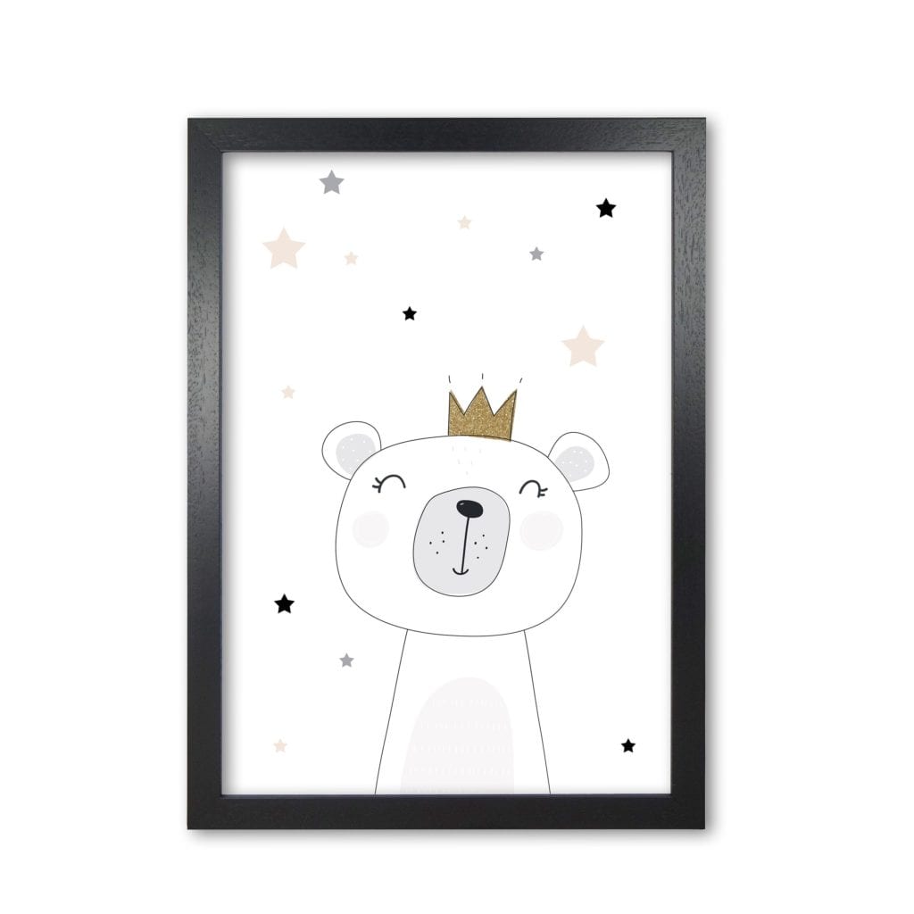 Scandi cute bear with crown and stars modern fine art print, framed childrens nursey wall art poster