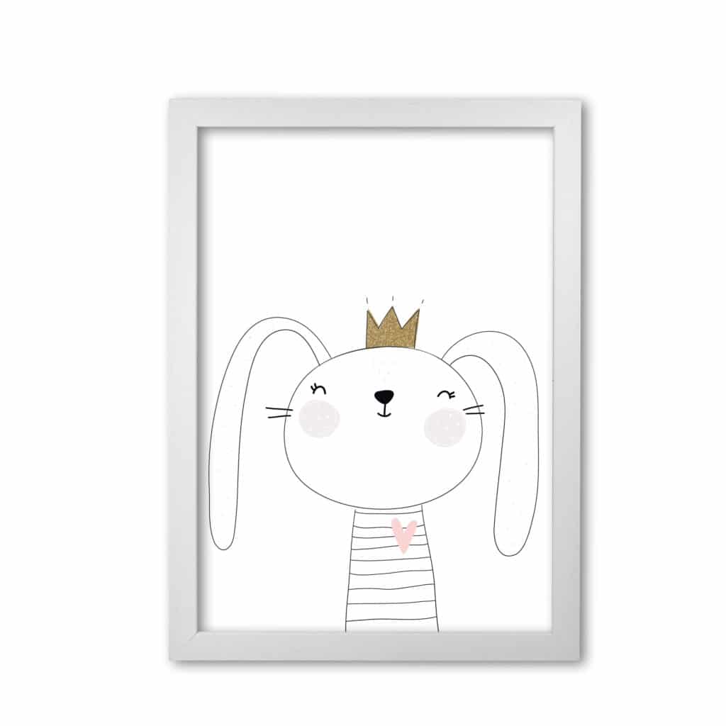 Scandi cute bunny with crown modern fine art print, framed childrens nursey wall art poster