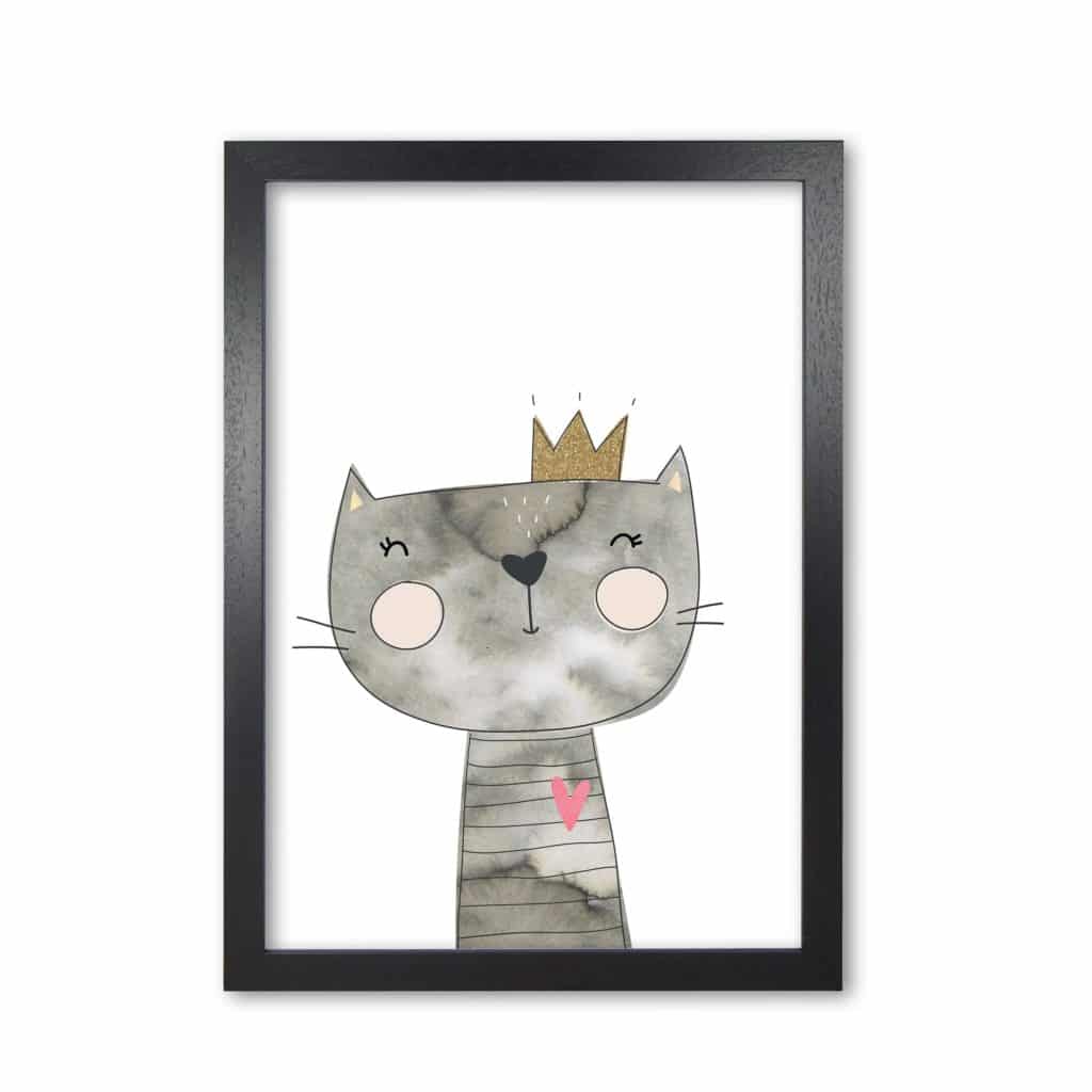 Scandi grey cat watercolour modern fine art print, framed childrens nursey wall art poster