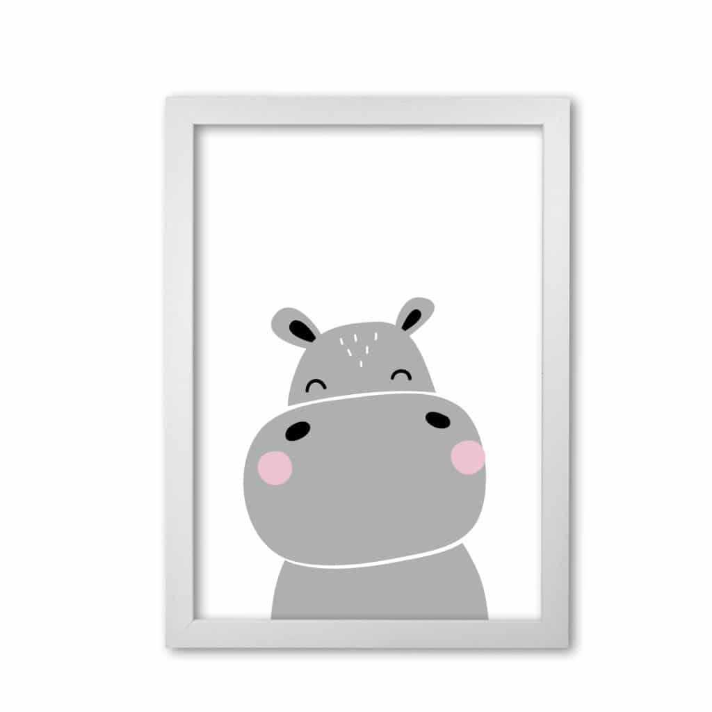 Scandi hippo modern fine art print, framed childrens nursey wall art poster