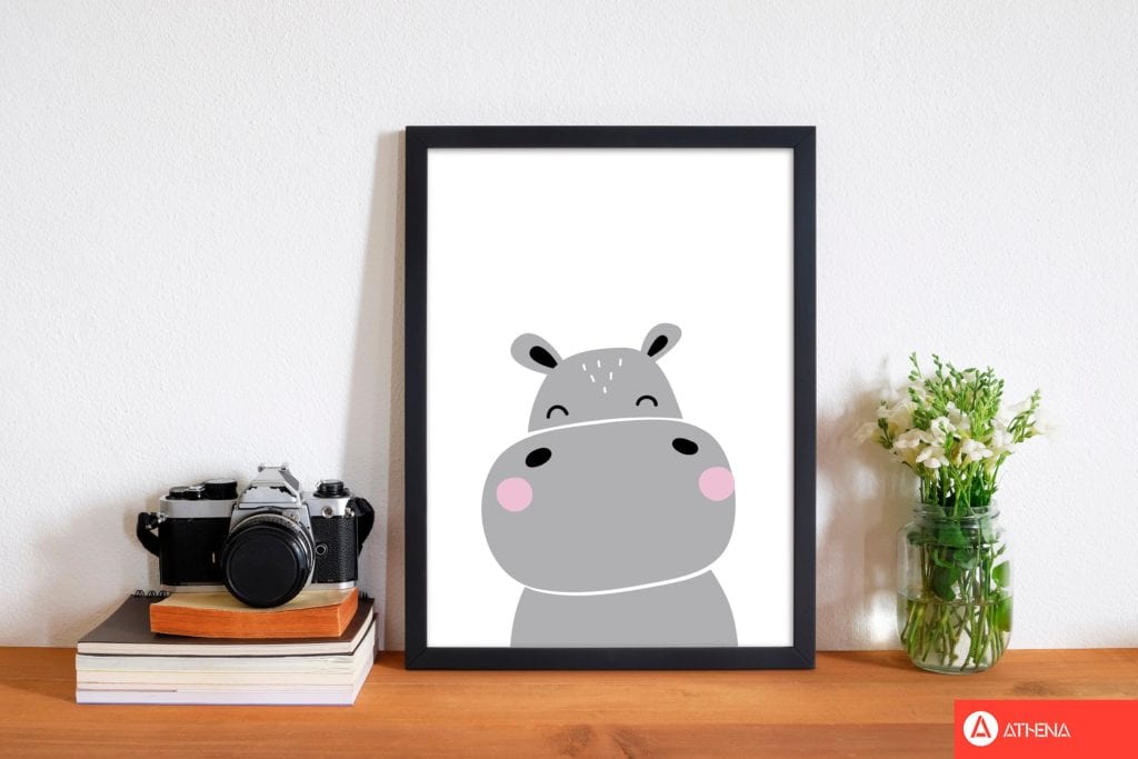 Scandi hippo modern fine art print, framed childrens nursey wall art poster