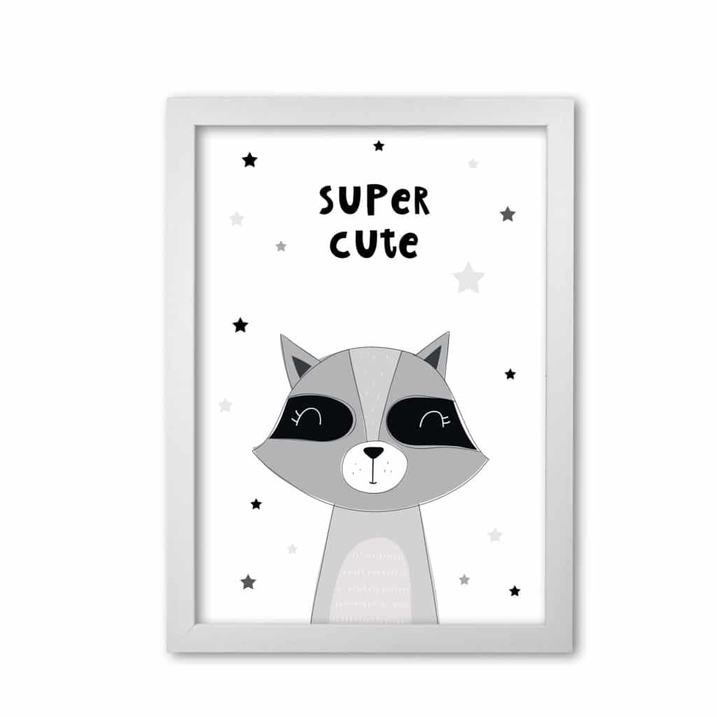 Super cute raccoon modern fine art print, framed childrens nursey wall art poster