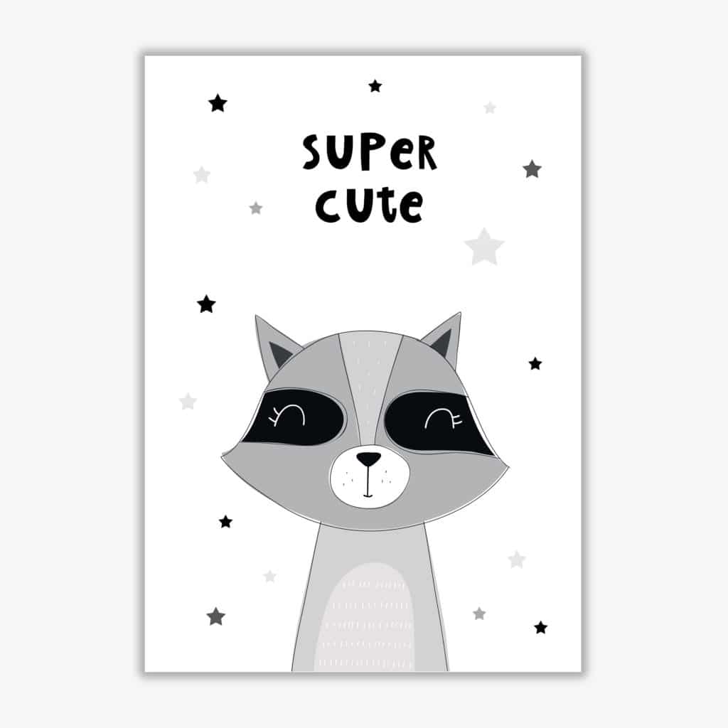 Super cute raccoon modern fine art print, framed childrens nursey wall art poster