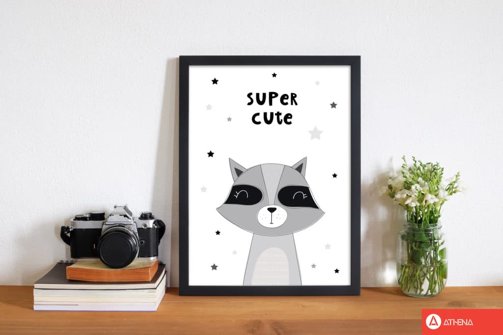 Super cute raccoon modern fine art print, framed childrens nursey wall art poster