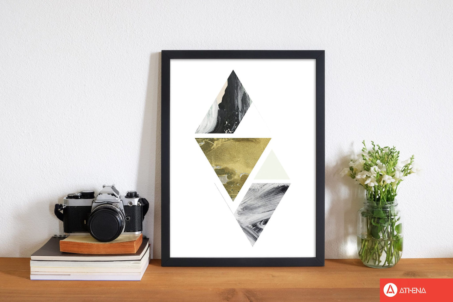 Textured peach, green and grey abstract triangles modern fine art print