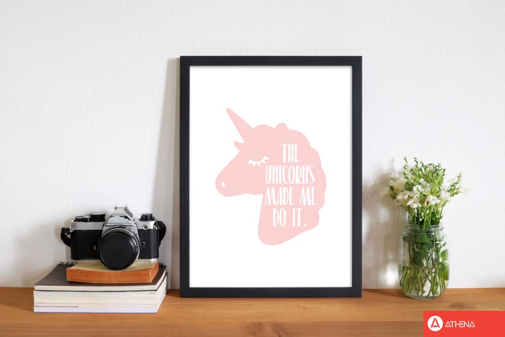 The unicorns made me do it modern fine art print, framed childrens nursey wall art poster
