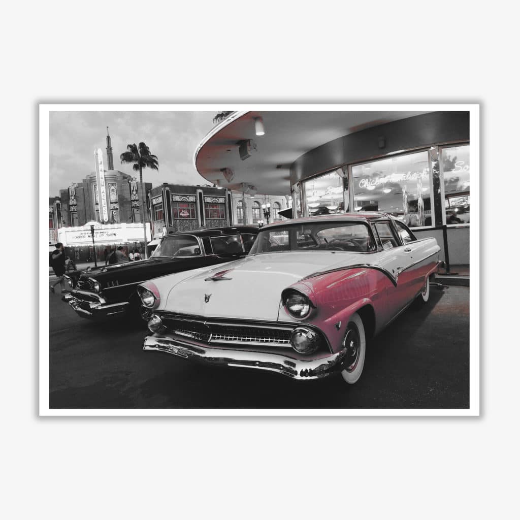 Vintage pink and white car modern fine art print