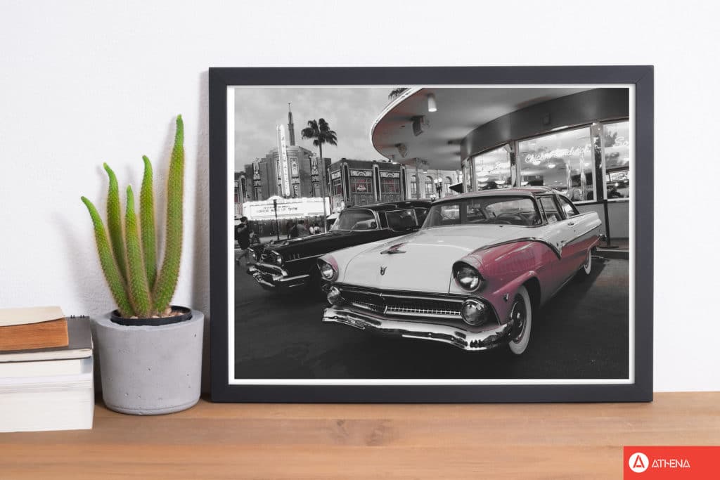 Vintage pink and white car modern fine art print