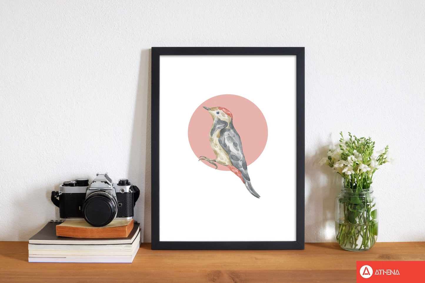 Watercolour bird with red circle modern fine art print