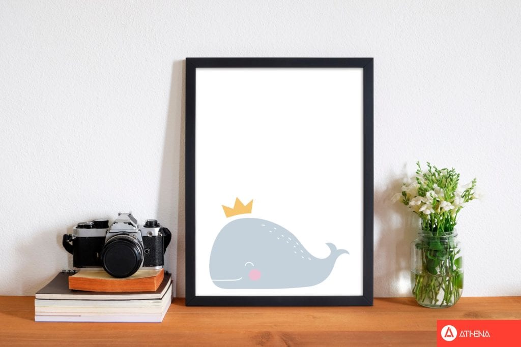 Whale with crown modern fine art print, framed childrens nursey wall art poster
