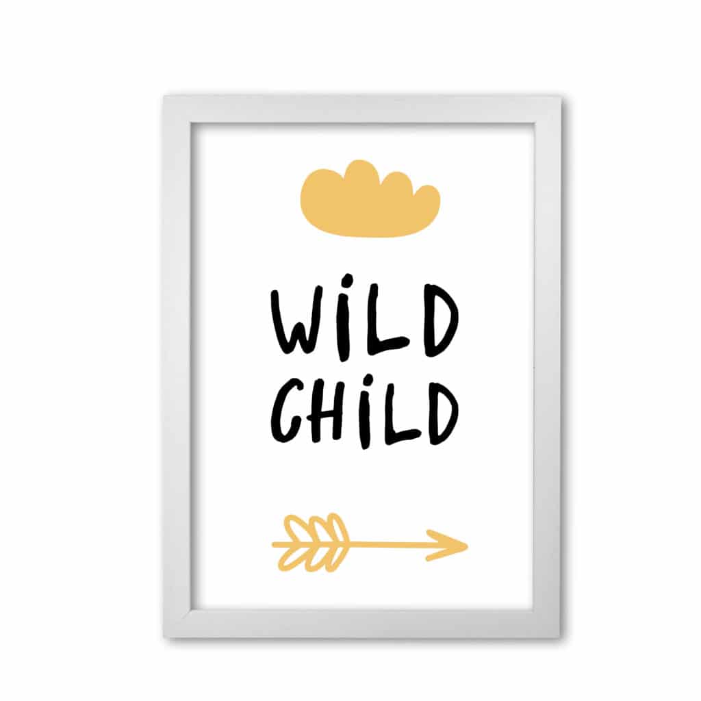 Wild child mustard and black modern fine art print, framed childrens nursey wall art poster