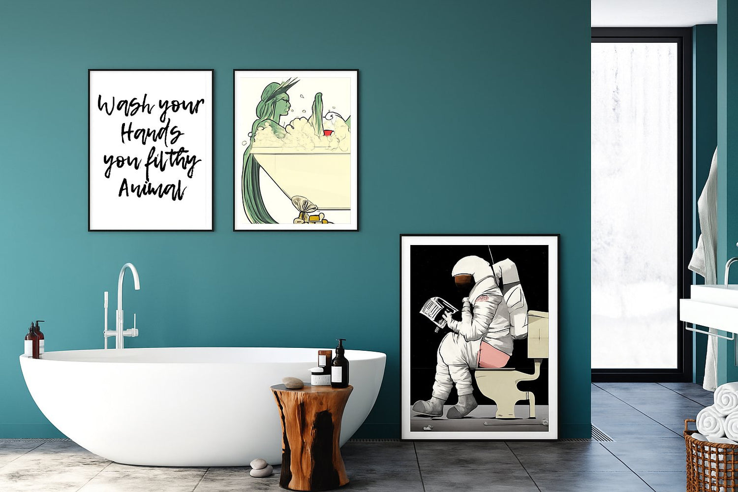 Bathroom prints featuring a funny quote print and two modern bathroom prints in a stylish bathroom setting