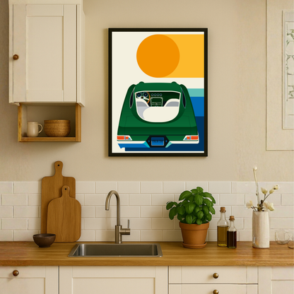 Green Vintage Sports Car with Sun by Bo Lundberg