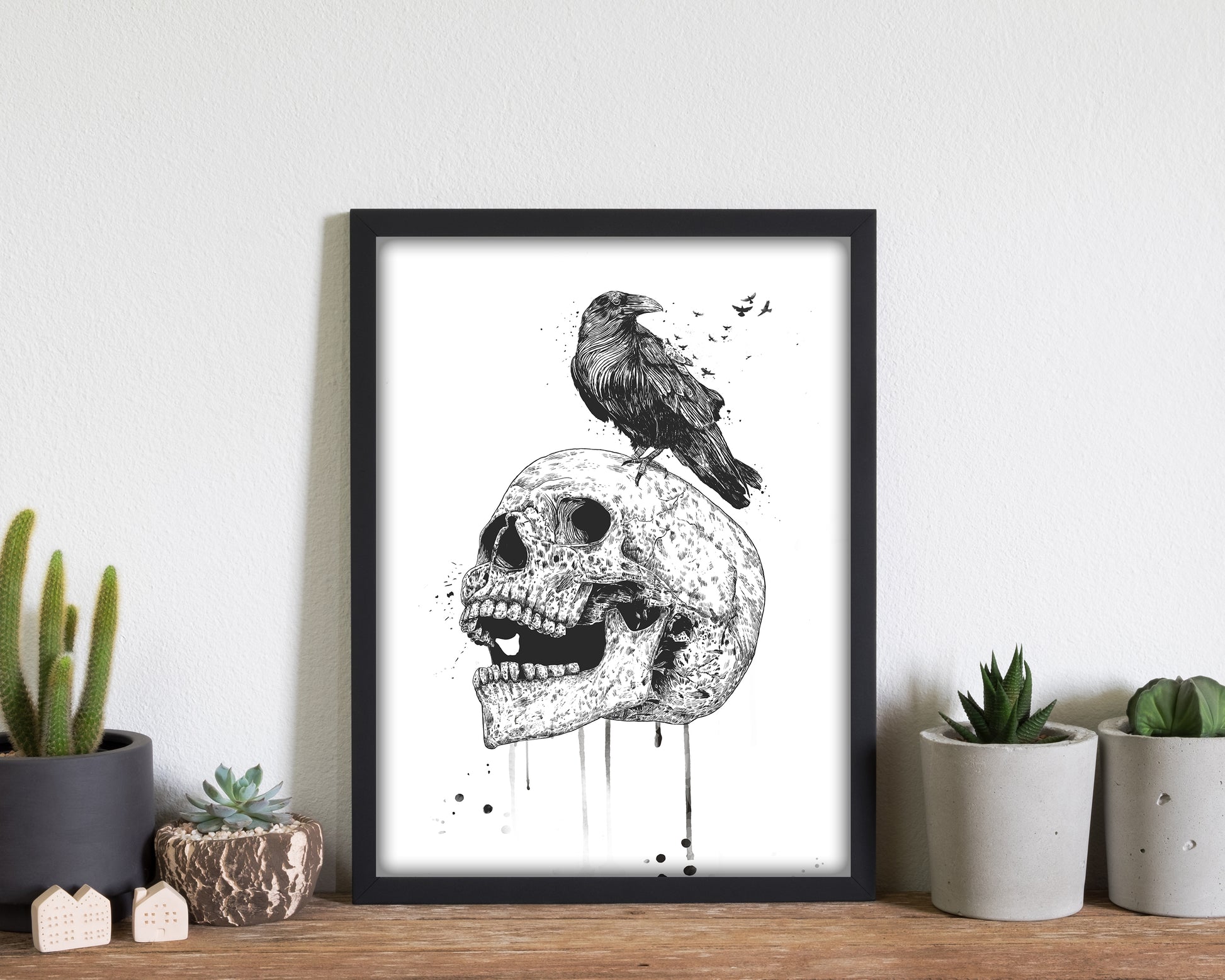 Skull & Raven B&W Animal Art Print by Balaz Solti