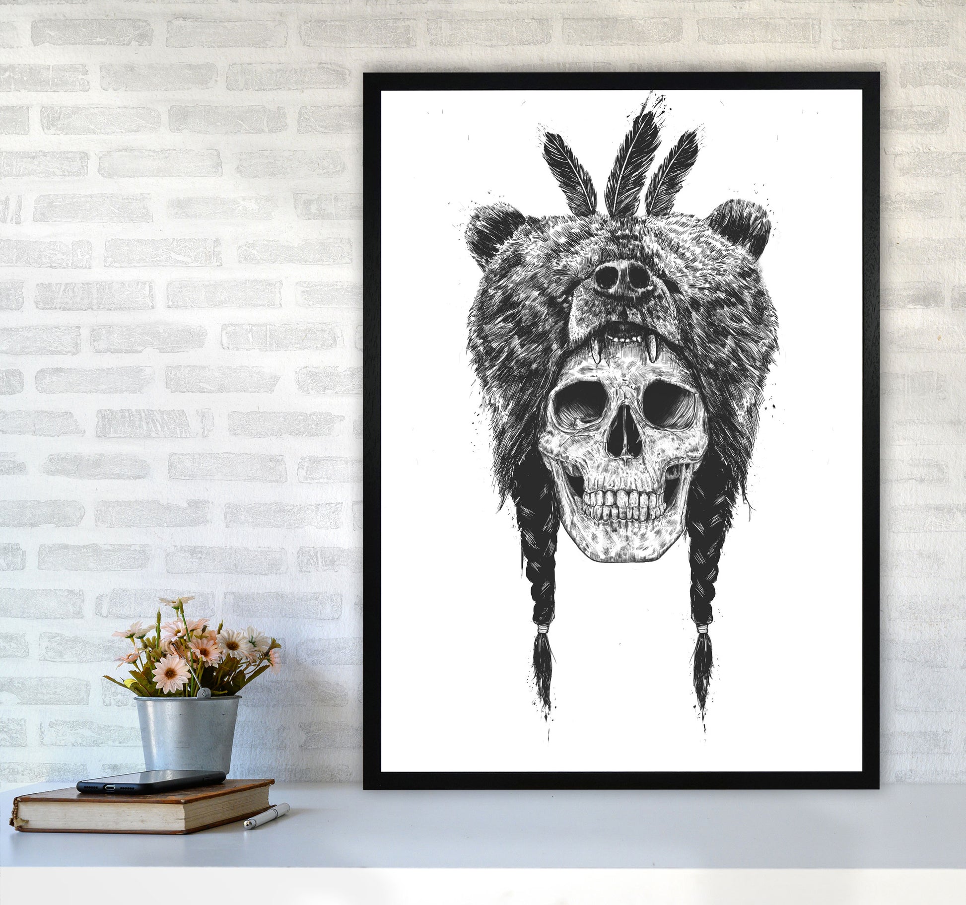 Dead Shaman B&W Gothic Art Print by Balaz Solti A1 White Frame