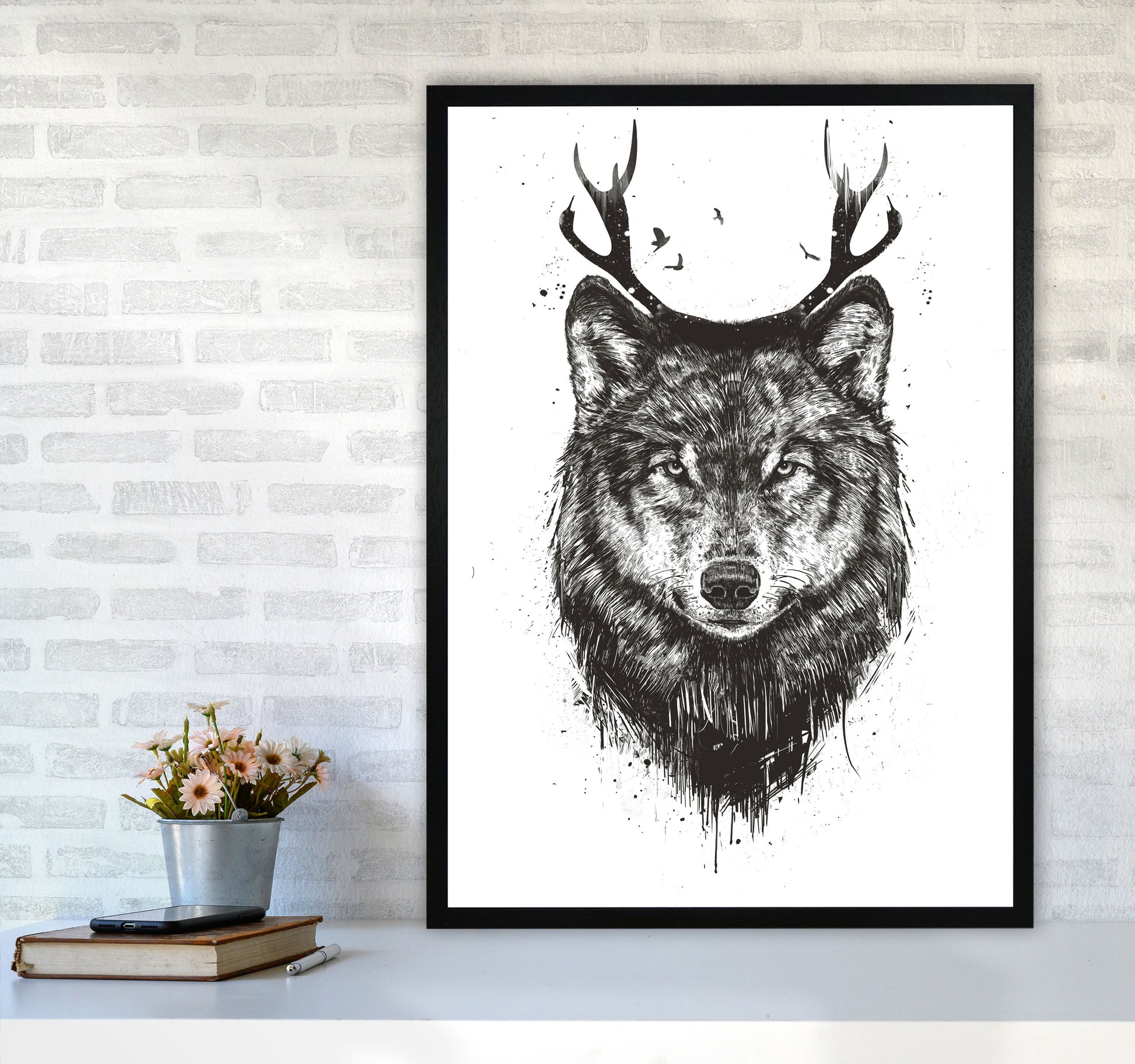 Deer Wolf B&W Animal Art Print by Balaz Solti A1 White Frame