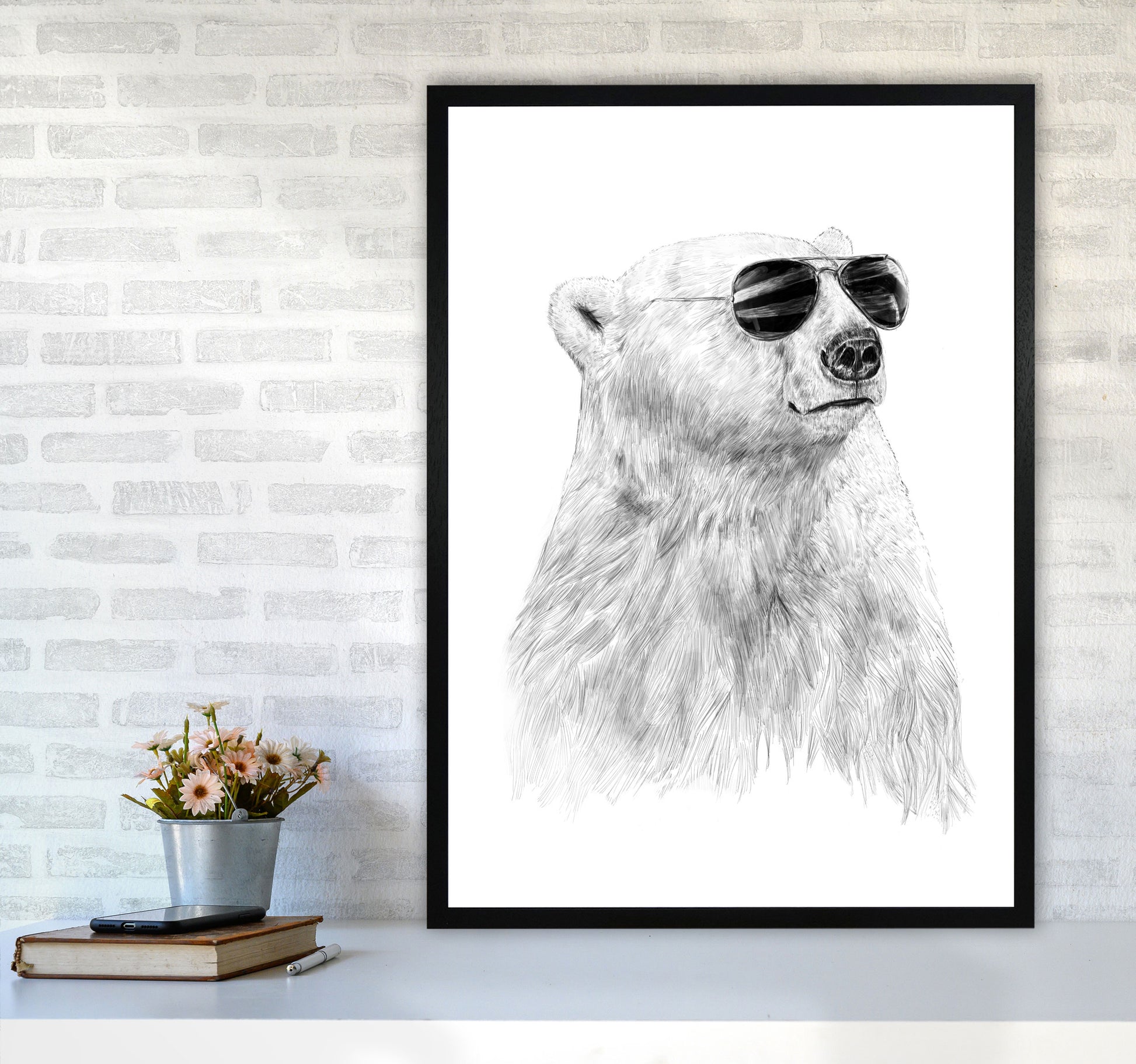 Don't Let The Sun Go Down Bear Animal Art Print by Balaz Solti A1 White Frame