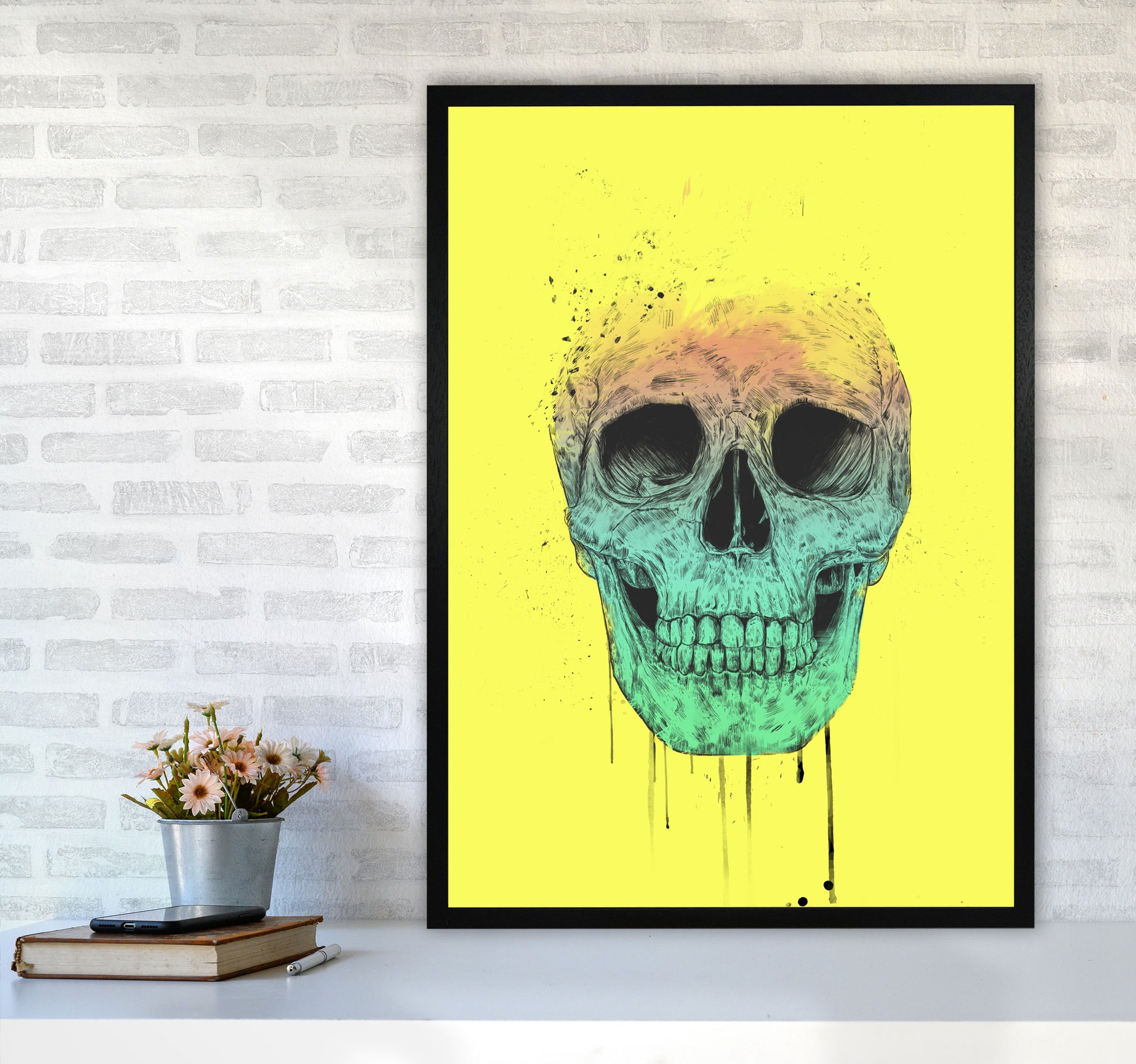 Yellow Pop Art Skull Art Print by Balaz Solti A1 White Frame