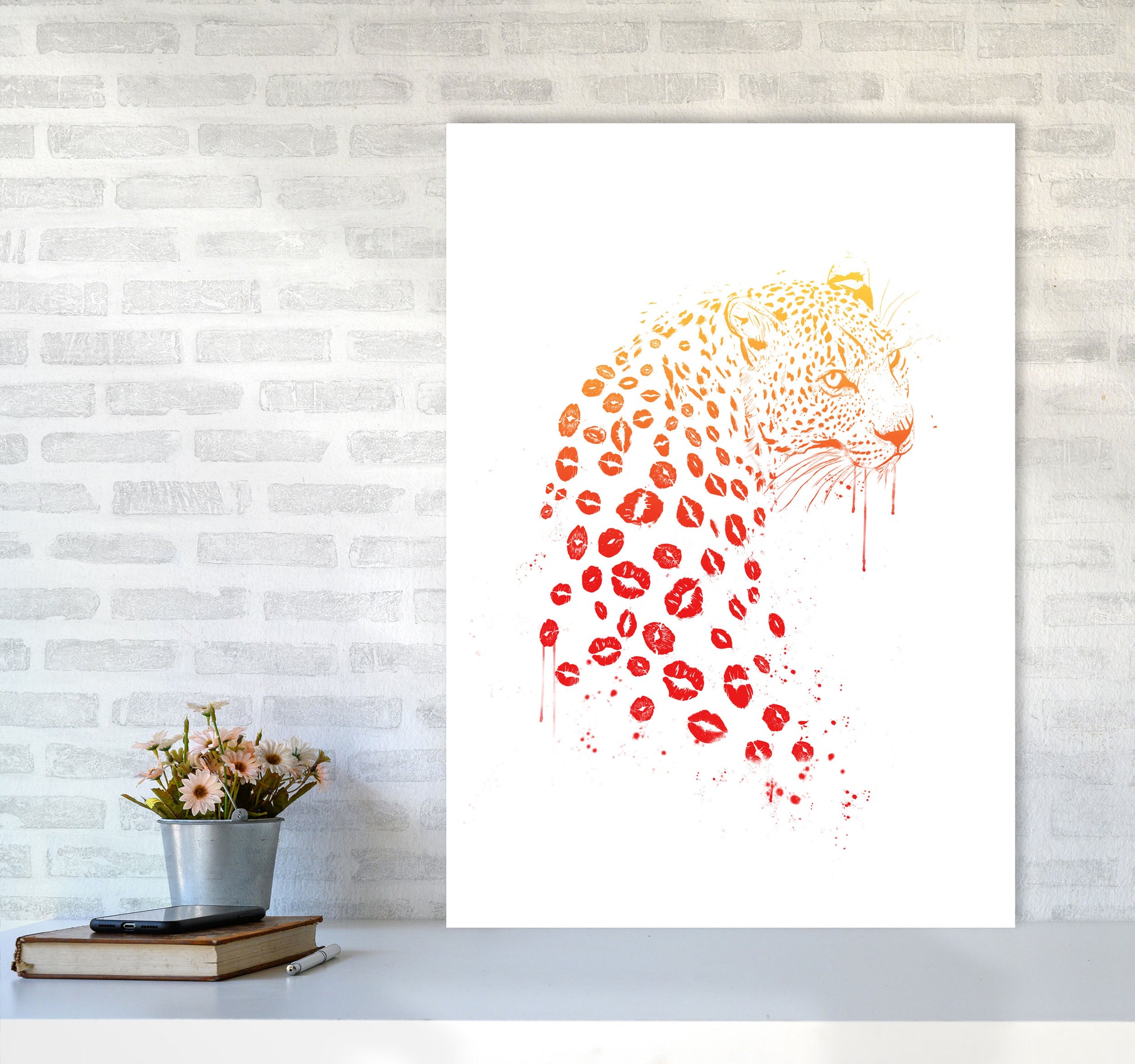 Kiss Me Leopard Animal Art Print by Balaz Solti A1 Black Frame