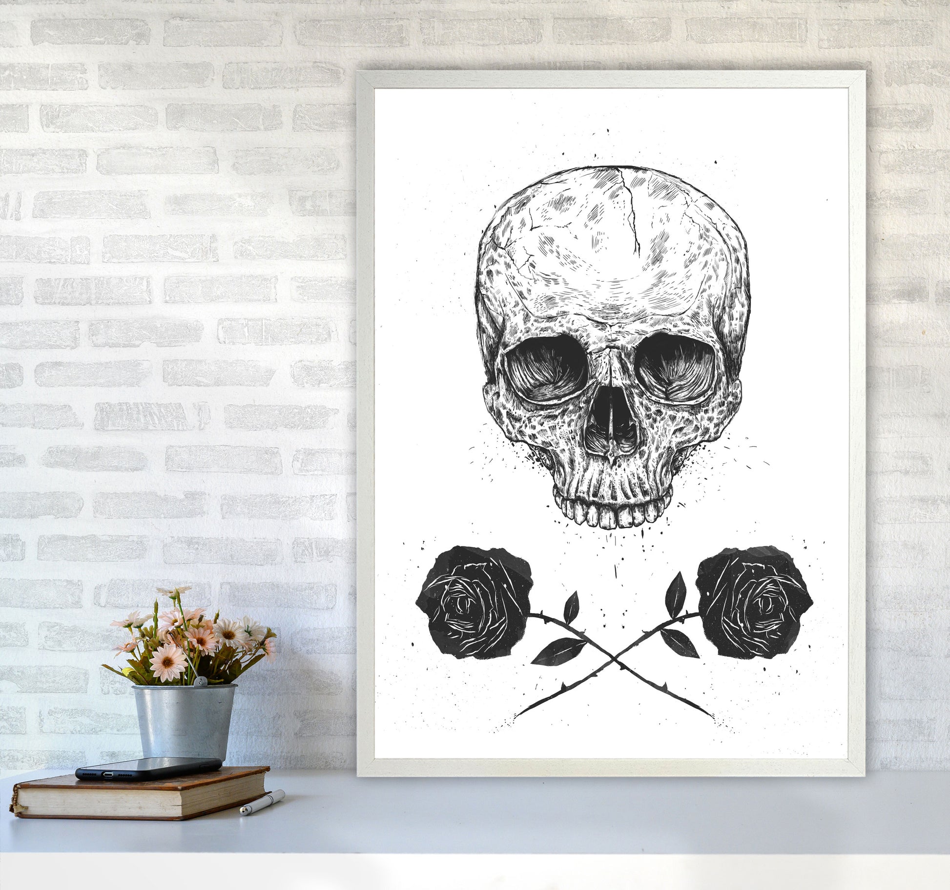 Skull And Roses Gothic Art Print by Balaz Solti A1 Oak Frame