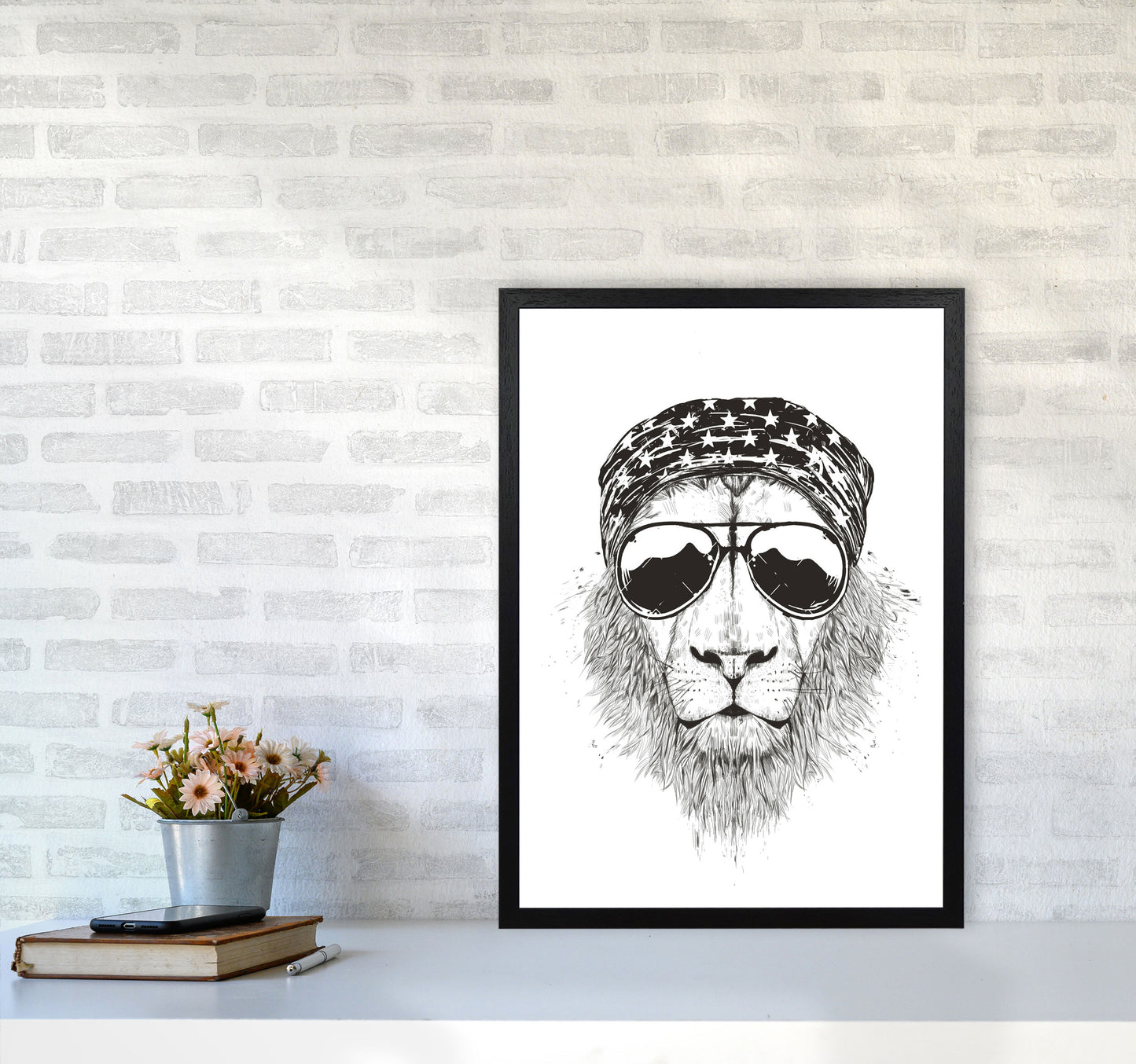 Wild Lion B&W Animal Art Print by Balaz Solti A2 White Frame