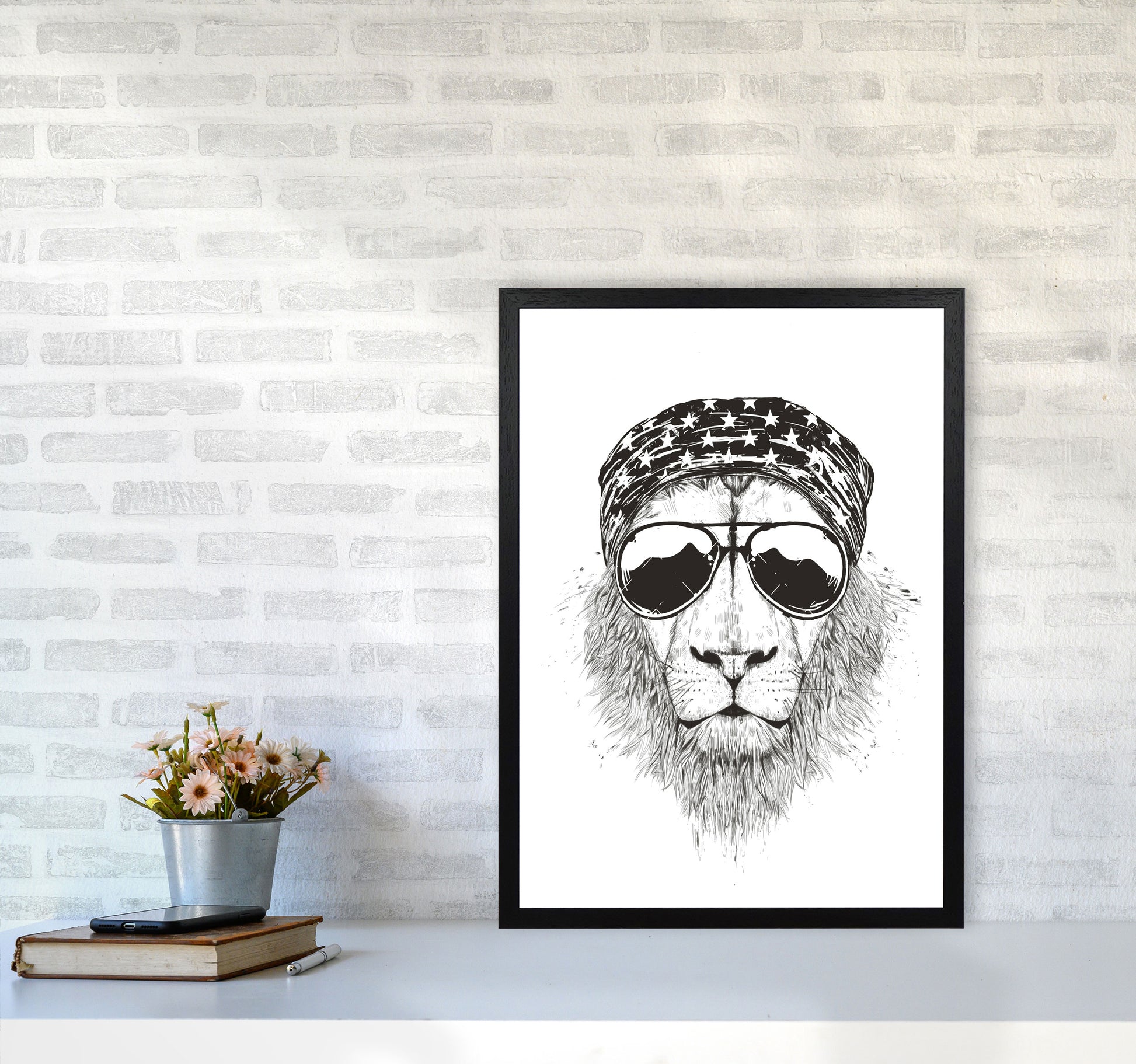 Wild Lion B&W Animal Art Print by Balaz Solti A2 White Frame